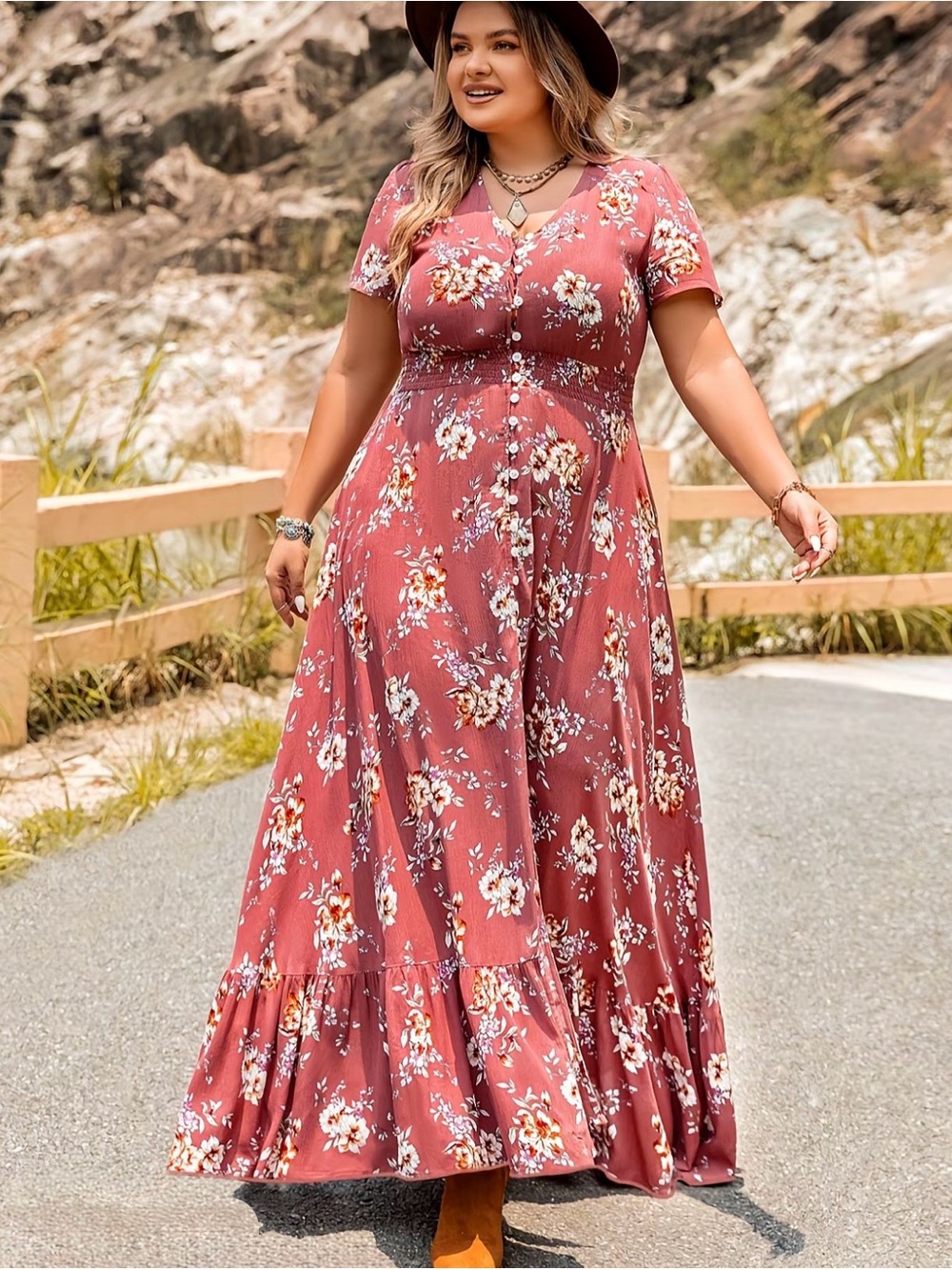 Plus Size Floral Maxi Dress in Dusty Rose